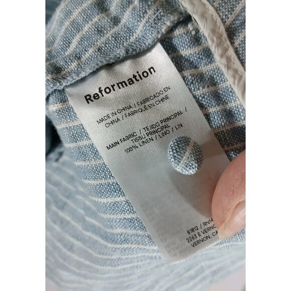 Reformation Carol Linen Pleated Mini Skirt Size 10 Blue Stripe Buttons Preppy - Picture 7 of 12